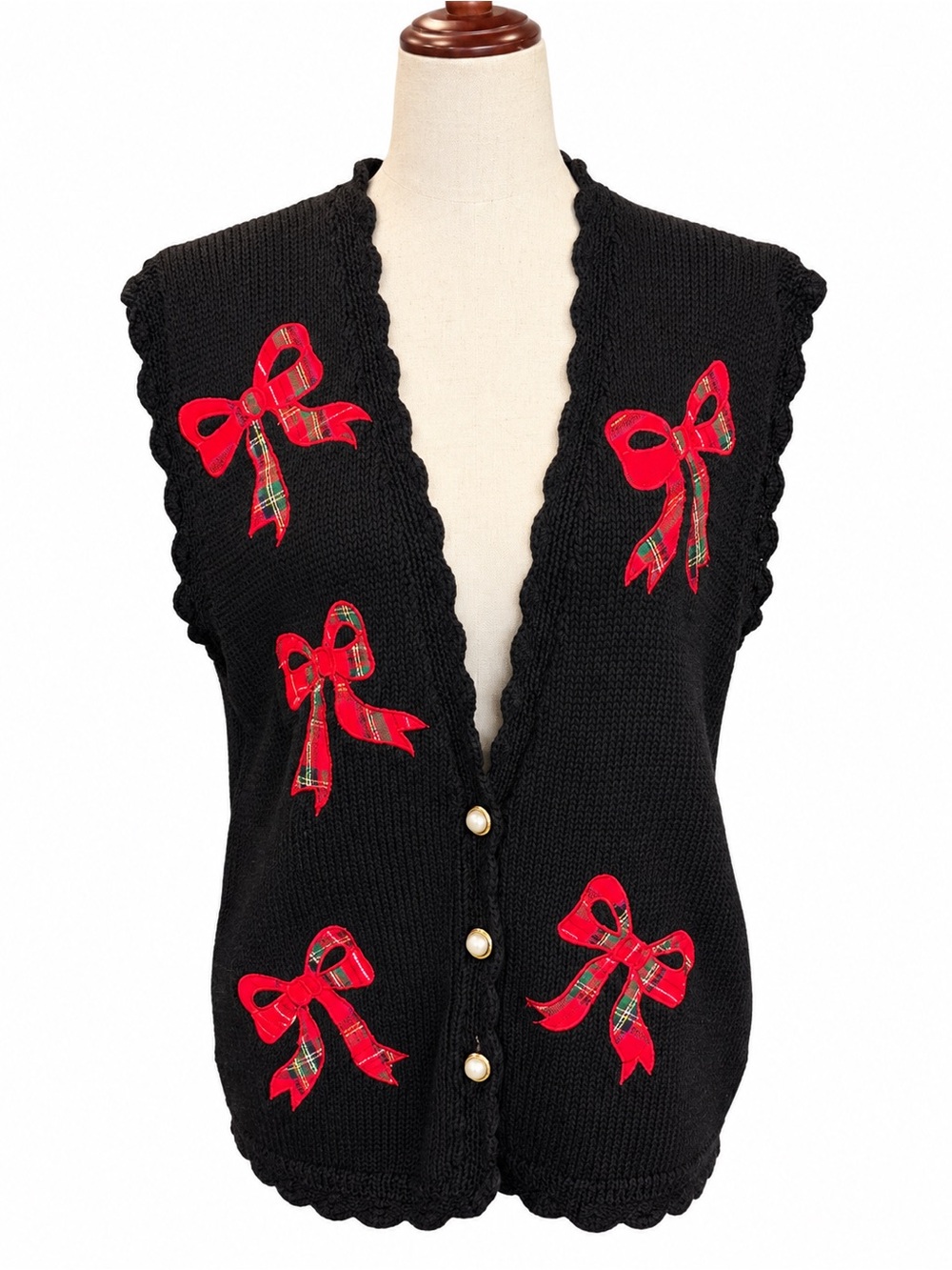 Vtg Sharon Young Christmas Sweater Vest Plaid Bows Hand Knit Black Cottagecore
